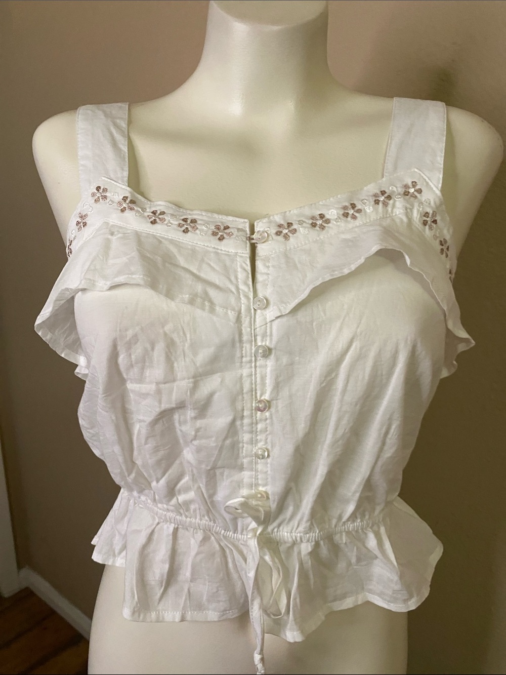 Passport White Cotton embroidered boho cottagecore fem camisole M - Picture 2 of 8